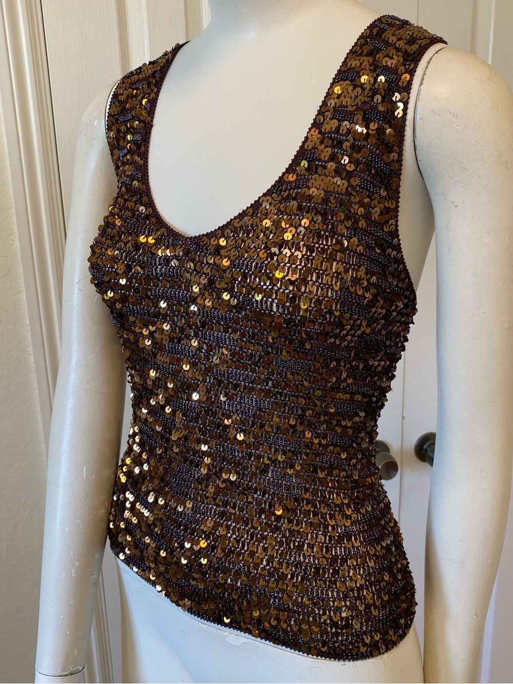 Vintage Y2K Brown Sequin Crochet Fairycore Tank Top Gold / Bronze with Sequins